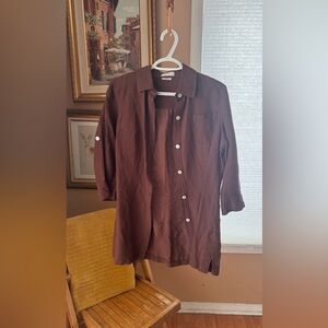 Van Heusen Brown Button Up Shirt Size Small | Linen Blend | Roll Tab Sleeves